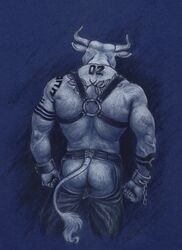 1boy anthro ass bovine cattle chaps clothed clothing easy_access faceless_male harness horn male male_only mammal muscular neverwolf pencil_(artwork) rear_view shackles solo standing tattoo topless traditional_media_(artwork) wrist_cuff