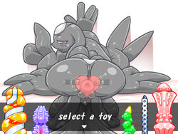 anus ass big_butt black_body blush cameltoe dildo english_text female heart hokku_(artist) looking_back multi_arm multi_limb purple_eyes sex_toy solo tape text unknown_species