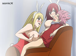 1boy 2girls 3some age_difference breasts erza_scarlet fairy_tail ffm_threesome lucy_heartfilia natsu_dragneel paizuri sonicx tagme threesome time_travel