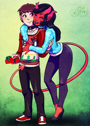 1boy 1girls arched_back arm_grab bedroom_eyes black_hair black_lips black_lipstick blush brown_eyes brown_hair christmas christmas_clothes christmas_sweater collar couple cute demon_girl eyeshadow female half-closed_eyes hands_on_chest happy high_heels highres horns hug hug_from_behind human interspecies jeans lips lipstick long_hair long_tail makeup male malesub my_pet_tentacle_monster myserra nail_polish naughty_face pointy_ears prehensile_tail present red_eyes red_footwear red_horns red_skin red_sneakers short_hair smile spade_tail straight succubus sweater tail winter_clothes