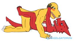 agumon anal anal_sex angelgatomon_(artist) axl_shoutmon blush cum cum_in_ass cum_on_body cum_on_face cum_while_penetrated cumshot digimon kissing looking_pleasured male male_only muscles penetration saliva saliva_string sex shoutmon yaoi