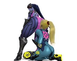 2girls 3d ass black_hair blonde_hair facesitting high_heels huge_ass metroid nintendo overwatch samus_aran widowmaker xnalara xps yuri zero_suit