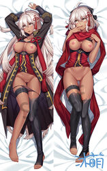 ahoge arms_up bed_sheet black_bow black_legwear blush bottomless bow breasts brown_panties cangqiong_zhihen dakimakura dark-skinned_female dark_skin eyebrows_visible_through_hair fate/grand_order fate_(series) female from_above full_body hair_between_eyes hair_ornament hairbow long_hair looking_at_viewer lying medium_breasts nipples okita_souji_(alter)_(fate) okita_souji_(fate)_(all) on_back open_mouth panties panty_pull pussy red_scarf sample scarf shiny shiny_skin short_hair silver_hair single_thighhigh solo thighhighs underwear very_long_hair yellow_eyes