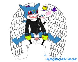 anal anal_sex angel_wings angelgatomon_(angelgato) angelgatomon_(artist) balls bluevmon blush clothes cock_ring cum cum_while_penetrated cumshot digimon erection gatomon harness leather looking_pleasured male male_only penetration penis sex tail veemon wings yaoi