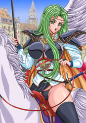 annand_(fire_emblem) belt breastplate cape circlet female fire_emblem fire_emblem:_genealogy_of_the_holy_war green_eyes green_hair koutenki-en lance loincloth pegasus reins riding_pegasus saddle scabbard shirt shoulder_armor silegy stockings sword thick_thighs thong weapon