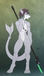 2015 4_toes abs anthro aurancreations breasts digitigrade dog_tags eyelashes female fin fish grey_skin hair marine nipples nude purple_eyes purple_hair pussy shark solo standing toes weapon white_skin