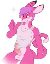 ! 1boy 2016 anthro athletic blush bottomless clothed clothing dripping erection erection_under_clothes fur lagomorph male male_only mammal original original_character penis penis_caught_in_shirt penis_under_shirt pink_fur rabbit red_eyes see-through shiacoft shirt shy sitting solo spazzyhusky t-shirt testicles vein veiny_penis wet wet_shirt