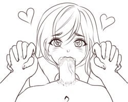 artist_self-insert black_and_white blush cum cum_in_mouth fellatio female heart heart-shaped_pupils holding_hands long_hair looking_at_viewer male nsfwee oral penis pov pubic_hair saliva solo_focus straight symbol-shaped_pupils testicles wee