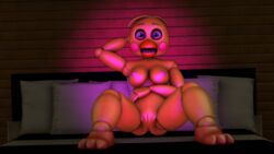 2016 3d animatronic avian beak bed bird breasts chicken female five_nights_at_freddy's five_nights_at_freddy's_2 front_view highres looking_at_viewer machine nipples non-mammal_breasts nude on_bed pillow pinup pose pussy robot solo source_filmmaker toy_chica_(fnaf) xboxking37