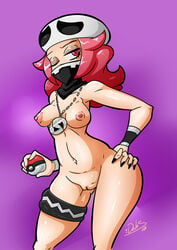 1girls 2016 areolae bandana between_breasts black_nails breasts clitoris dahs eyelashes eyeshadow female female_team_skull_grunt hand_on_hips hat holding human long_hair makeup nail_polish navel necklace necklace_between_breasts nintendo nipples nude pink_eyes pink_hair poke_ball pokemon pokemon_sm purple_background pussy rapp_(pokemon) solo standing team_skull team_skull_grunt team_skull_grunt_(female) text thigh_strap vambraces wide_hips wink