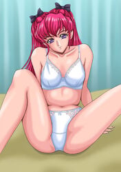 00s 1girls blue_eyes bra breasts female gundam hairbow haman_karn human koutenki-en light-skinned_female light_skin long_hair panties pink_hair purple_eyes silegy sitting smile spread_legs zeta_gundam