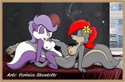 2014 anthro bed breasts closed_eyes duo female fifi_la_fume flower fluffy fluffy_tail fur furry mammal nipples nude open_mouth paws plant purple_hair red_hair sex sitting skunk smile spread_legs spreading tiny_toon_adventures tongue tribadism veronica_skunkette veronicaskunkette warner_brothers yuri