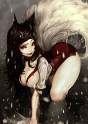 1girls ahri all_fours animal_ears ass bare_legs big_ass black_hair breast_squeeze breasts choker cleavage covered_nipples curvy duto female female_only fox_ears fox_tail full_body humanoid large_breasts league_of_legends legs light_skin lips lipstick long_hair looking_at_viewer looking_up mammal multi_tail multiple_tails on_floor see-through shiny shiny_skin smile smirk soap solo solo_focus sweat tail thick_thighs towel very_long_hair wet wide_hips