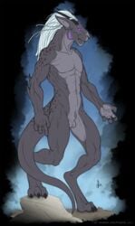 1boy 2014 3_toes 4_fingers abs anthro arkon aurancreations balls digitigrade dragon feline hair horn hybrid male male_only mammal navel nude panther purple_eyes solo standing toes white_hair