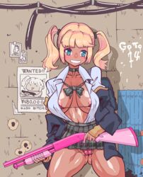 ass_visible_through_thighs blonde_hair breasts cameltoe dark-skinned_female dark_skin female gundam gyaru looking_at_viewer minami_aomori panties revealing_clothes school_uniform shotgun