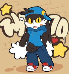 1boy anthro balls band-aid bandage black_fur blush clothing detailed_background erection fur graffiti klonoa klonoa_(series) lagomorph male male_only mammal oob open_mouth penis penis_tip solo teeth yellow_eyes