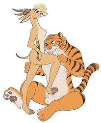 1boy 1girls antelope anthro disney erection feline female fur furry gazelle gazelle_(zootopia) hoofjob_(hindlimbs) hooves horn interspecies licking male mammal nude paws penis simple_background sitting small_breasts spread_legs standing straight tail testicles tiger tiger_dancer_(zootopia) tongue tongue_out trample wantaro white_background zootopia