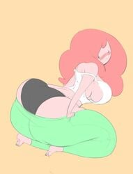 1girls adventure_time ass ass_cleavage barefoot big_ass black_panties blush breasts bubble_butt bulumble-bee butt_crack cartoon_network clothing dat_ass feet female female_only fluffy_hair huge_ass huge_breasts long_hair looking_back loose_top panties pants_pull pink_hair pink_skin plump princess_bubblegum shoulders solo tank_top underboob wide_hips wince wink yoga_pants