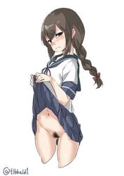 ass_visible_through_thighs bangs black_eyes blouse blue_skirt bow braid brown_hair closed_mouth cowboy_shot cropped_legs ebifurya embarrassed eyebrows eyebrows_visible_through_hair female frown groin hairbow highres isonami_(kantai_collection) kantai_collection lifted_by_self long_hair looking_at_viewer navel no_panties pleated_skirt pubic_hair pussy_juice red_bow school_uniform serafuku short_sleeves simple_background single_braid skirt skirt_lift solo tears tied_hair twitter_username white_background white_blouse