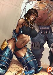 1boy 1girls angry arms_behind_back big_breasts black_hair bondage breasts chains cleavage dark-skinned_female dark_skin egyptian fat_man female femsub interracial kachima kneeling large_breasts male maledom overwatch pale-skinned_male pale_skin panties pharah restrained roadhog straight sweat