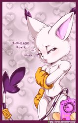 2016 anthro blue_eyes blush clothing dialogue digimon embarrassed english_text feline female fur gatomon gloves invalid_tag long_ears looking_at_viewer mammal pussy ring sex_toy simple_background solo sruto text vibrator white_fur