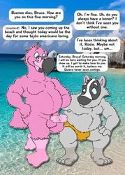 anthro avian badger balls beach beak bird black_fur briefs bruce_(brucebadger) brucebadger bulge clothing duo english_text feathers flamingo fur grey_fur looking_at_penis male mammal mature mustelid overweight penis pink_feathers presenting rosie_(brucebadger) seaside spanish_text spectacles speech_bubble text translated underwear yaoi