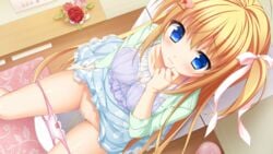 blonde_hair blue_eyes blue_skirt blush bow bow_panties bra censored closed_mouth dutch_angle female flower frilled_skirt frills game_cg green_jacket hair_ornament hair_ribbon hanasaki_work_spring heart_hair_ornament indoors jacket kotobuki_hikari long_hair moribe_(rabumanyo) mosaic_censoring panties panty_pull peeing pink_panties pink_ribbon purple_bra pussy ribbon see-through sheer_clothes skirt solo toilet toilet_use underwear urine very_long_hair wooden_floor