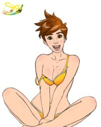 1girls 2d 2d_(artwork) amber_eyes bra bra_strap_down brown_hair cleavage ear_piercing female freckles light-skinned_female light_skin looking_at_viewer medium_breasts medium_hair open_mouth overwatch panties pierced_ears pinup pushing_breasts_together simple_background sitting smile solo stephen49 tracer underwear white_background yellow_eyes