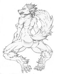 anthro anthro_only areola ass autumm_airwave breasts canine female female_only full_body furry mammal monochrome muscular nipples no_humans nude pussy solo thick_thighs were werewolf