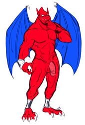 1boy anthro balls demon demon's_crest fangs firebrand flaccid gargoyle humanoid humanoid_penis male male_only mammal nude pecs penis red_arremer red_balls red_skin simple_background smile solo teeth tongue video_games wings z0mbieraptor