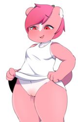 alpha_channel berseepon09 blush bottomless clothed clothing dragon female hair horn loli_dragon_(character) open_mouth original pink_hair pink_skin pussy pussy_juice raised_tail solo standing tongue