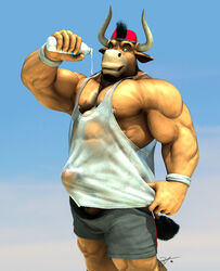 1boy abs anthro armpits beard belly biceps big_biceps big_muscles black_hair bottle bovine braford brown_eyes cattle clenched_teeth clothing erection facial_hair front_view hair hat holding_object horn humanoid_penis looking_at_viewer male male_only mammal muscular muscular_male nipples oscar_(braford) pants partially_retracted_foreskin pecs penis pose pouring shirt simple_background solo standing teeth uncut vein veiny_penis water wet