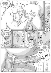 anus balls bear black_and_white closed_eyes comic cum duo english_text equine erection female furronika horse male mammal monochrome nude open_mouth penis pussy speech_bubble straight text