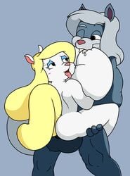 2016 animaniacs anthro ass balls big_breasts blonde_hair blush breast_sucking breastfeeding breasts canine duo female hair huge_breasts lactation male mammal milk minerva_mink mink mr.under mustelid nude open_mouth penetration simple_background smile straight sucking tongue tongue_out warner_brothers were werewolf wilford_wolf wolf