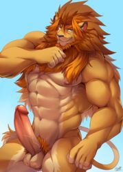 1boy 2016 abs anthro balls beard big_penis erection facial_hair feline green_eyes grin lion male male_only mammal muscular nipples pecs penis pubes rabbity solo