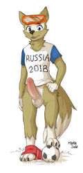 2016 anthro balls blue_eyes blush bottomless canine clothed clothing derpah erection male male_only mammal penis shorts solo sport uncut volleyball zabivaka