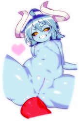 ass blue_hair blue_skin demon_girl female flat_chest horns jewelry long_hair naiara naiara_(shinrabanshou) naughty_face nude pointy_ears pussy shinrabanshou small_breasts smile solo succubus tail