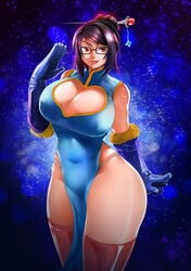 1girls ass big_ass chubby curvy eyewear female female_only glasses huge_breasts hukiguni mei_(overwatch) overwatch qipao solo solo_female standing thick_thighs thighhighs thunder_thighs wide_hips