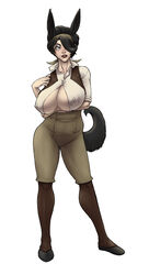 1girls animal_ear arm_under_breasts big_breasts black_hair breasts button_down_shirt cleavage cleavage_overflow cleavage_window collared_shirt erect_nipples_under_clothes female full_body fully_clothed hair_over_one_eye hairband hand_on_own_chest high-waist_pants humanoid legend_of_queen_opala legwear lipstick monocle no_bra red_lipstick red_nails shirt shoes short_hair short_pants simple_background solo standing tail unbuttoned white_background zweibelle_(legend_of_queen_opala)