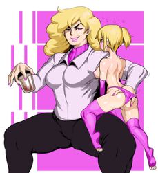 2girls ass_grab chetska_peterson_(jamesab) drunk femdom femsub fruit_basket_(jamesab) hourglass_figure modeseven multiple_girls muscular_female nipples no_bra panties size_difference tagme topless yuri