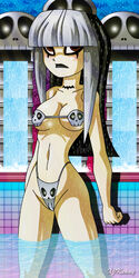 1girls bare_legs bare_shoulders bikini black_lipstick blush breasts brown_eyes crimson_(tdi) eyelashes eyes eyeshadow female female_only fingers goth gothic grey_hair hands hips large_breasts legs lipstick long_hair looking_at_viewer makeup multicolored_hair pool shiny shiny_skin silver_hair skull solo standing stomach tattoo the_ridonculous_race total_drama_island very_long_hair waterfall wet x^j^kny xjkenny