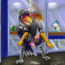 2016 4_toes after_sex against_wall anal animal_crossing anthro apollo_(animal_crossing) armor asbel_lhant_(artist) avian balls beak bird blush cum cum_in_ass cum_inside cum_on_face cum_on_hand cum_on_penis cumshot detailed_background eagle ejaculation erection feathers furry gay helmet leaking male medieval_armour nintendo open_mouth orgasm outdoors penis pierce_(animal_crossing) sex slit_visor standing sterling_(animal_crossing) tapering_penis toes tongue voyeur window yaoi