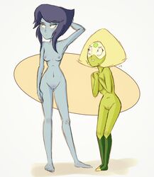 2girls alien alien_girl alien_humanoid blue_hair blue_skin blush boots breasts cartoon_network clothing cute duo feet female female_only footwear frown gem gem_(species) green_hair green_skin hair humanoid kt-draws lapidot lapis_lazuli_(steven_universe) legwear love multiple_girls nipples nude peridot_(steven_universe) pussy simple_background size_difference small_breasts smaller_female smile socks socks_only standing steven_universe yellow_hair