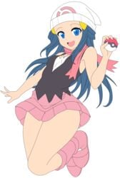 1girls absurdres alpha_channel armpits bare_shoulders blue_eyes blue_hair boots breasts cleavage clothed dawn_(pokemon) eyelashes feet female hat highres holding human jumping legs long_hair looking_at_viewer miniskirt mizhikako nintendo no_panties open_mouth photoshop png poke_ball pokemon pokemon_dppt scarf shirt shoes skirt smile solo teeth thighs tongue vector_trace