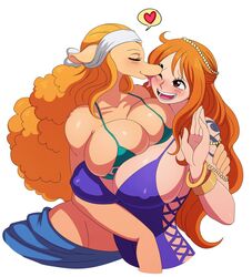 2girls anthro areolae bare_shoulders big_breasts bikini bimbo blush bracelet breasts brown_eyes brown_fur busty canine cleavage closed_eyes costume cute dress duo erect_nipples eyebrows eyelashes female female_only fingernails fingers fur furry gigantic_breasts hands happy headband heart highres hips hug huge_breasts human interspecies jewelry large_breasts licking long_hair lots_of_jewelry mammal miniskirt mink_tribe nami nami_(one_piece) nami_(one_piece)_(cosplay) nipple_bulge nose one_eye_closed one_piece only_female open_mouth orange_hair post-timeskip purple_dress shounen_jump skirt smile sssonic2 stomach swimsuit tattoo teeth tongue tongue_out very_long_hair voluptuous wanda_(one_piece) white_background wholesome wink yuri