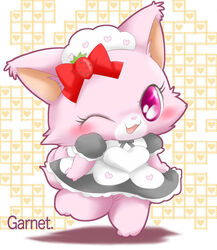 blush bow clothing cute dress feline female food fruit garnet_(jewelpet) heart jewelpet jewelpet_(species) looking_at_viewer maid_uniform mammal one_eye_closed pink_eyes pose pussy sanrio strawberry suvaru uniform wink