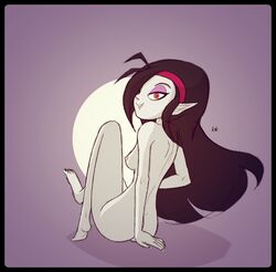 ass bedroom_eyes black_hair breasts cute eyeshadow fangora_dracula fangs feet female hair hair_over_eye half-closed_eyes headband humanoid kt-draws long_hair looking_at_viewer makeup nipples nude pointy_ears red_eyes seductive simple_background sitting solo the_baskervilles toes vampire