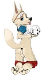 1boy 2016 anthro anus ass ball bottomless canine clothed clothing eyewear feet fur furry glasses goggles hair looking_at_viewer male male_only mammal mascot mej open_mouth paws presenting shirt simple_background smile soccer solo sport teeth testicles tongue tongue_out white_background wolf young zabivaka