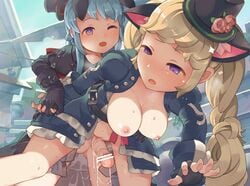 +_+ 2girls after_sex animal_ears belt blonde_hair blue_hair bottomless braid breasts breath cat_ears censored cervix cross_section cum cumdrip cute_fang fingerless_gloves futanari gloves hat highres interlocked_fingers intersex jacket large_breasts long_hair looking_at_another multiple_girls nekotewi nipples one_eye_closed open_clothes open_jacket open_mouth penis purple_eyes pussy sex smile tears tied_hair tree_of_savior twin_braids uncensored uterus vaginal_penetration