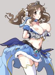 belt breasts brown_eyes brown_hair crown gauntlets heart hirowa_nagi idolmaster idolmaster_cinderella_girls large_breasts looking_at_viewer navel open_mouth simple_background sweat thighhighs tied_hair totoki_airi twintails wardrobe_malfunction